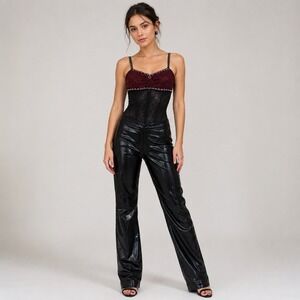 Showtime Creations Faux Leather Rhinestone Dance Costume Jumpsuit XS/S Lace Back